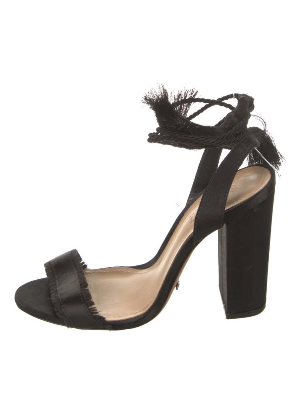 Schutz Primm Tassel Block Heel Sandal Black Satin Size 6